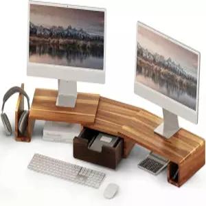 서랍이 있는 목재 듀얼 모니터 스탠드 라이저 길이와 회전 각도를 조절할 수 책상용 인체공학적 노트북 PC