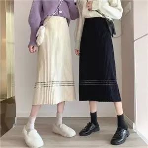 여자 봄 가을 골지 니트 H라인 롱 스커트 허리밴딩 치마