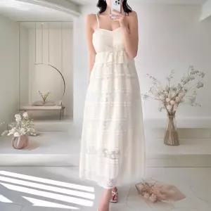 여자 여름 찰랑핏 캉캉 레이스 어깨끈 롱 원피스