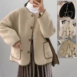여성 캐주얼 배색 노카라 뽀글이 양털 루즈핏 가디건