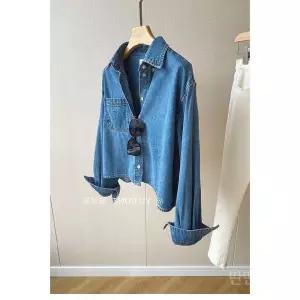 와이드데님크롭셔츠 포켓 자켓 여성 숏 데님셔츠 긴팔 티셔츠 여성용 청남방 가을 진청 캐주얼 데일리