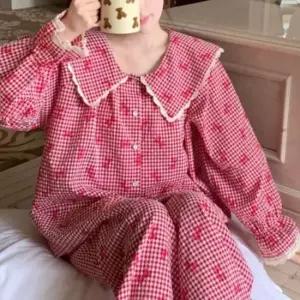 [라일리여성언더웨어] Rly 여성 프릴 레이스 빅카라 체크 수면 잠옷 파자마