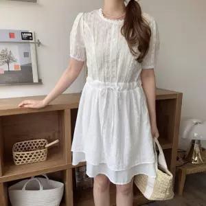여자 러블리 레이스 펀칭 레이어드 반팔 미니 원피스