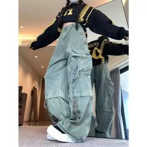 EAMT 바지 빈티지 지퍼 다운 와이드 워싱 빅포켓 여성청바지 청바지 YJ1