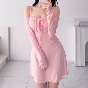 여성 프릴 셔링 끈나시 가디건 미니 원피스 세트