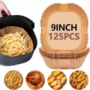 유비사이즈 9인치 에어프라이어 양피지 라이너 125팩 전자레인지 및 에어프라이어용 사각 논스틱 일회용