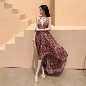 여성 바캉스 쉬폰 언발 플레어 나시 롱 원피스