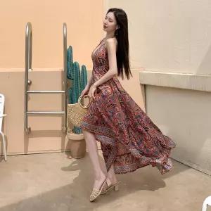 여성 쉬폰 언발 플레어 롱 바캉스 나시 원피스