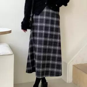 여성 뒷밴딩 체크패턴 롱 모직 겨울 스커트