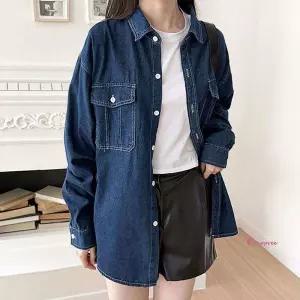 여성오버핏셔츠 프론트 청남방 빈티지 데님 더블포켓 봄가을 워싱 청셔츠cde302