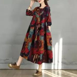 EAMT 여자 원피스 가을 빈티지 A라인 빅사이즈 프린트 면마 슬림핏 YJ3