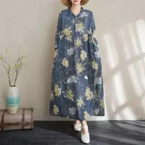 EAMT 원피스 여친 캐주얼 빈티지 프린트 긴팔 조추 면마 YJ3