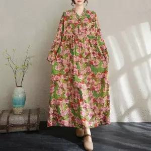 EAMT 원피스 여친 캐주얼 빈티지 프린트 긴팔 조추 면마 YJ3