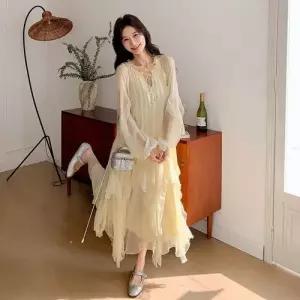 여자 원피스 옐로우 긴팔 올가을 롱스커트 프렌치 쉬폰 바캉스 CH3