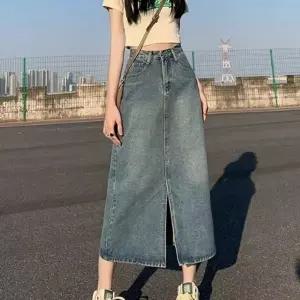 데님스커트 밑단 트임 롱 데님 스커트 봄스커트 H라인 7부 슬릿 앞트임 청치마 키큰여자 미