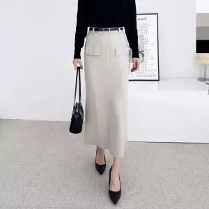 여자 겨울 포멀 하객룩 H라인 벨티드 울니트 롱스커트