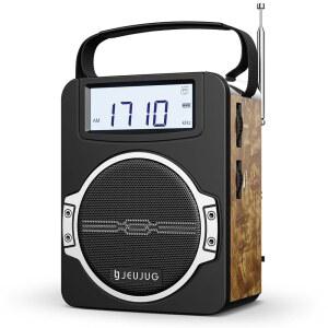 [미국배송] 주쥬그 라디오 휴대용 AM FM 디지털 시계 라디오 블루투스 5와트 라우드 스피커 충전식 플러그 인 월 배터리 작동 가정용 야외 그레이트 레트로 최고의 리셉션