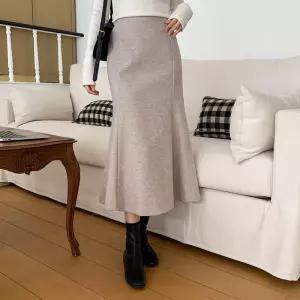 여자 겨울 페미닌 머메이드 플레어 밴딩 모직 스커트