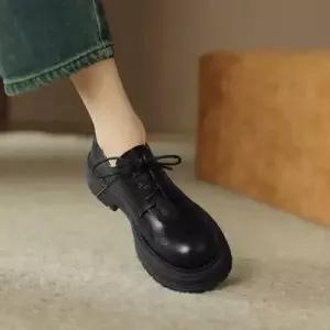 여성용 빈티지 진가죽 단화 라운드 통굽 옥스퍼드화 슈즈 스트랩 CH5