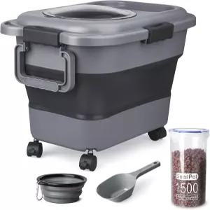 개 사료 보관 용기 바퀴 부착형 1020파운드 밀폐 접이식 고양이 휴대용 손잡이 스쿱 새 애완동물 건조