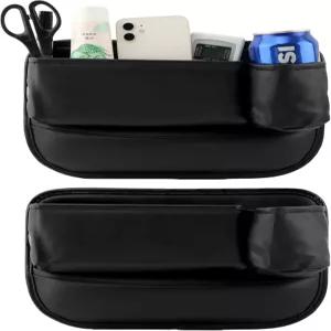 2팩 카시트 갭 필러 정리함 운전석 및 조수석 측면용 컵 홀더가 있는 가죽 보관함 휴대폰 키 선글라스