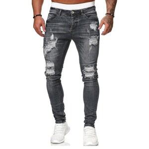 헝슨 남성용 블루 슬림 핏 청바지 스트레치 파괴된 찢어진 스키니 진 측면 스트라이프 데님 팬츠