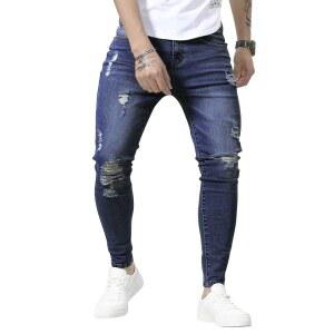 남성용 헝슨 스키니 진 스트레치 슬림 핏 찢어진 고민