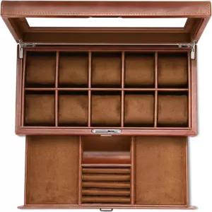 서랍이 있는 가죽 시계 상자 10 슬롯 잠금 보석 홀더 남성용 럭셔리 케이스 디스플레이 정리함 2 티어