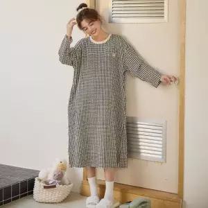 춘추 캐주얼 라운드 롱스커트 긴팔 편안한 슬립 잠옷 커플용 패드 대범한 잠옷세트 파자마 CH3