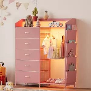 걸이식 선반이 있는 LUMTOK 2in1 서랍장 LED 조명이 패브릭 5개 침실 거실 충전소 현관 옷장핑크