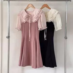 여성 쉬폰 레이어드 프릴카라 투톤 미디 원피스