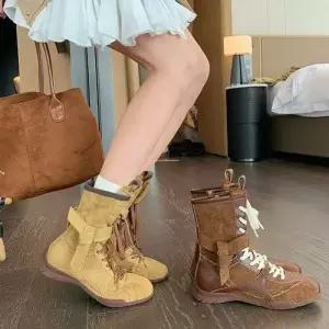 천진반여친 빈티지 데일리룩 신발 워커힐 라운드 배색 스트랩 옆 지퍼 워커 복싱화 KUK5