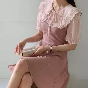 여성 리본 쉬폰 레이어드 프릴 카라 투톤 미디 드레스