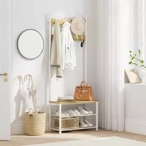 벤치와 신발 보관함이 있는 AEPAALUA 홀 트리 3-in-1 코트 랙 금속 프레임이 독립형 나무 3단 수납 선반 및