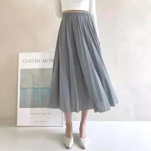 여자 여름 페미닌 쉬폰 플리츠 밴딩 롱스커트