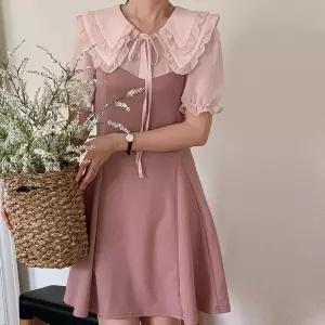 여자 리본 쉬폰 레이어드 프릴카라 투톤 미디 원피스