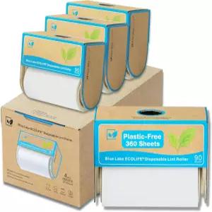 블루 레이크 에코라이프 플라스틱 프리 보푸라기 롤러 4팩 360매 추가 끈적임 및 제거제 의류 가구 카펫에