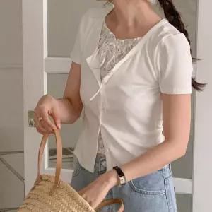 여자 리본 플라워 레이스 레이어드 잔골지 버튼 가디건