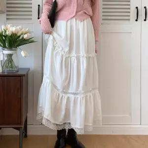 여자 봄 러블리 밴딩 레이스 프릴 캉캉 새틴 롱스커트