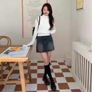 여자 겨울 데이트룩 빈티지 워싱 기모 데님 미니스커트