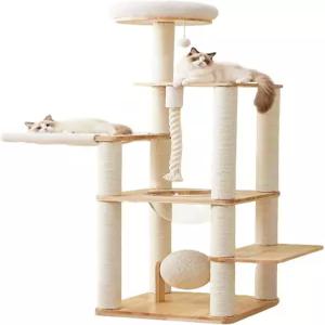 60인치 모던 캣 트리 긁는 기둥이 있는 솔리드 우드 타워 해먹 코튼 네스트 스페이스 캡슐 고양이 공 및