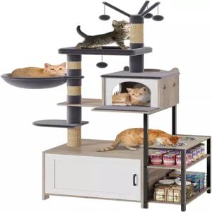 음식 스테이션과 쓰레기통 인클로저가 있는 헤이븐리 유스 캣 트리 놀이 시간을 위한 시살 스크래치