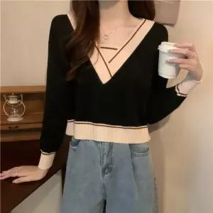 여자 니트 춘추 캐주얼 페이크투피스 브이넥 슬림 탑 CH3