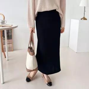 여자 골지스커트 뒤트임 일자핏 검정 니트 롱스커트