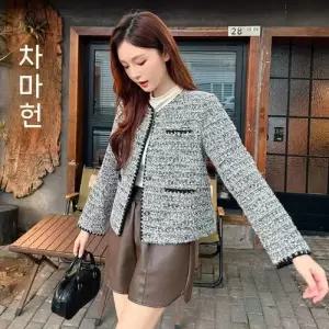 그레이 여성용 봄 쇼트 라운드 트위드 톱 코트 프렌치 CH1