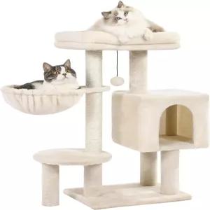 32인치 긁힘 기둥이 있는 작은 고양이 나무 베이지 캣 타워 콘도 하우스 아늑한 해먹 탈착식 탑 침대 및