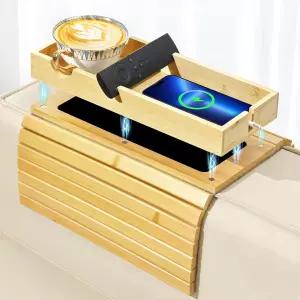 럭스파이어 소파 팔걸이 테이블 컵 홀더와 휴대폰 있는 2in1 자석 탈착식 리모컨용 접이식 대나무 스낵