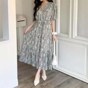 여자 러블리 꽃무늬 브이넥 스트랩 프릴 롱 원피스