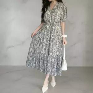 여자 꽃무늬 스트랩 브이넥 롱 프릴 원피스