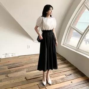 여자 투톤 퍼프소매 프릴 밴딩 반팔 롱 원피스